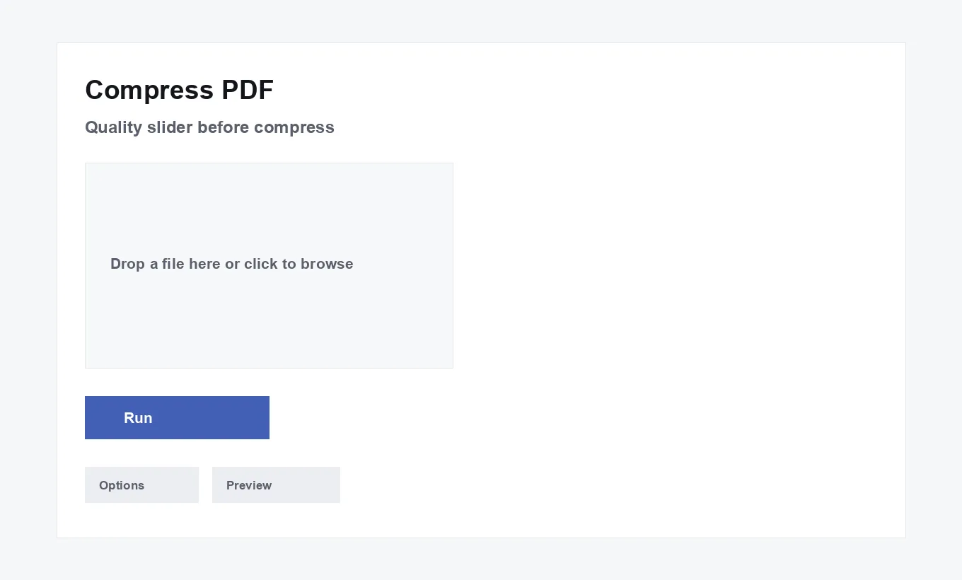 Compress PDF's quality slider set to 65%, ready to run