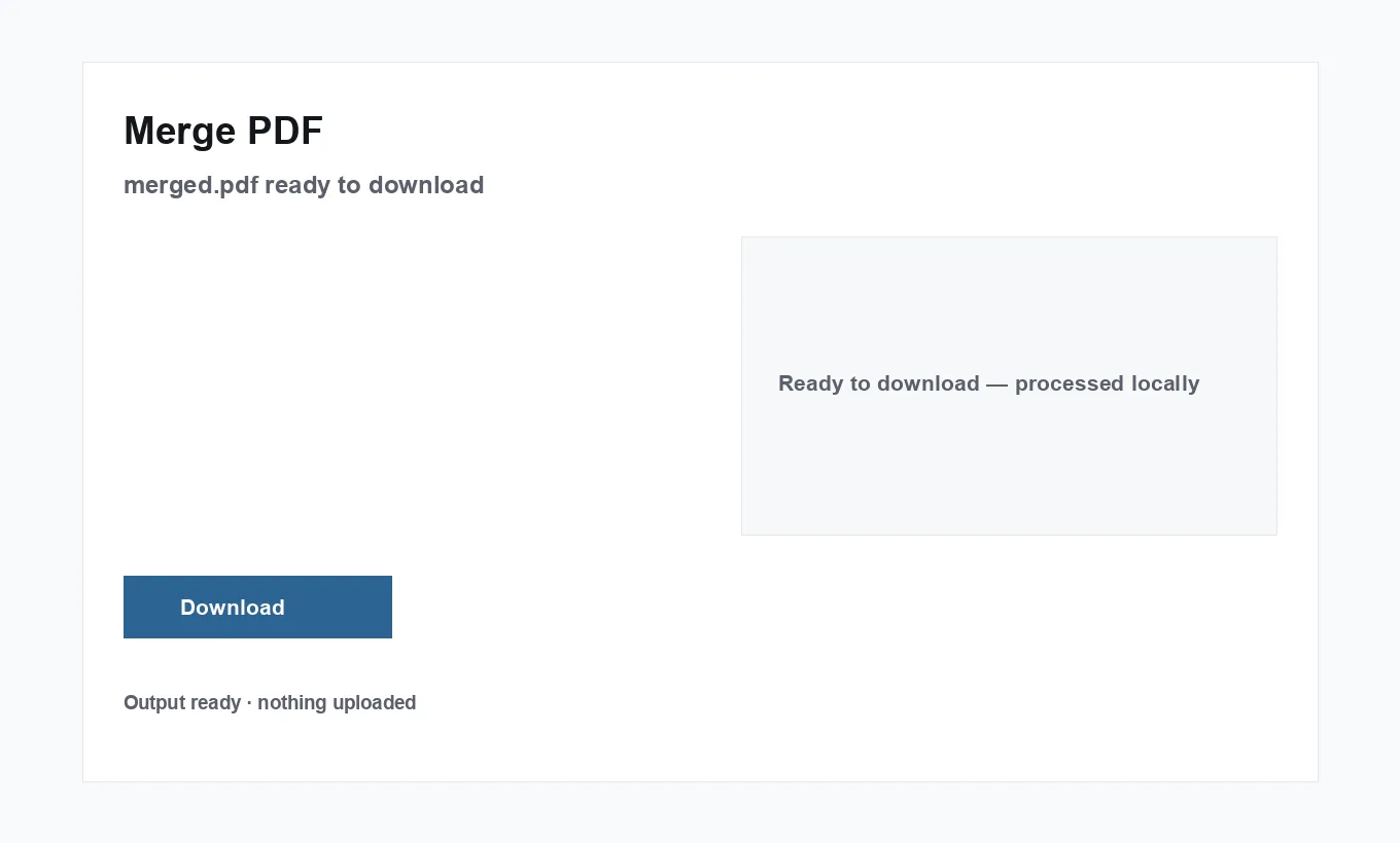 Merge PDF showing a completed merge with a merged.pdf download link ready